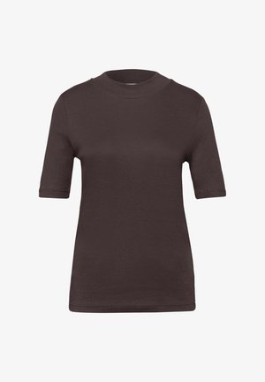 Braun dunkelbraunes T-Shirt mit kurzen Ärmeln, Rundhalsausschnitt, figurbetonter Silhouette und glatter Stoffstruktur.