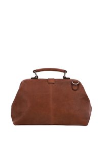 Bruine leren tas met een stevige bovenkant handvat, voorzien van een strak ontwerp, gladde textuur en subtiele stiksel details. Ronde vorm met zijaccenten.