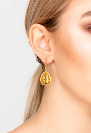 Orecchini a goccia con una gemma gialla tagliata e con superficie sfaccettata, incastonati in una cornice in metallo color oro, appesi a un gancio a leva.