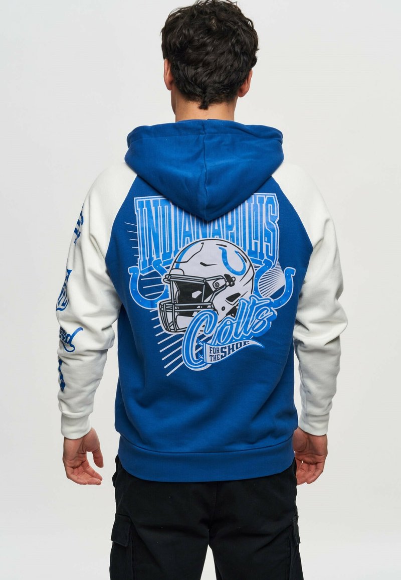 Blue and white hoodie featuring a graphic of a football helmet with the text "INDIANAPOLIS COLTS" on the back. Soft fabric and casual fit.