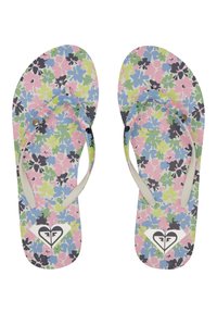 Flip-flopit kukka-kuvioilla, joissa on pastellivärit vaaleanpunainen, sininen ja vihreä; kumipohja; pehmeät valkoiset hihnat; logo keskellä.
