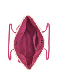Borsa a spalla di stoffa rosa con bordi intrecciati color crema. L'interno presenta una tasca con zip e una texture liscia. Due lunghe maniglie rosa per un facile trasporto.