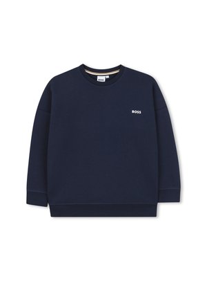 Felpa blu navy in tessuto misto cotone. Caratterizzata da un colletto a girocollo, polsini a coste e un piccolo logo bianco sul petto.