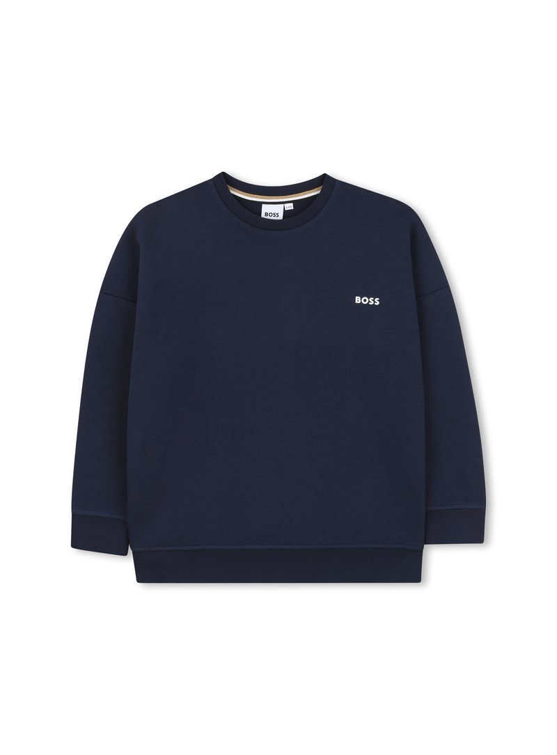 Felpa blu navy in tessuto misto cotone. Caratterizzata da un colletto a girocollo, polsini a coste e un piccolo logo bianco sul petto.