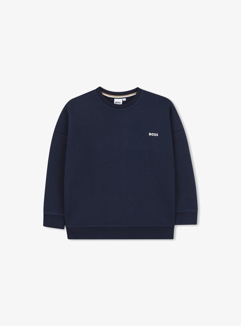 Sweatshirt bleu marine en tissu mélangé de coton. Présente un col rond, des poignets côtelés et un petit logo blanc sur la poitrine.