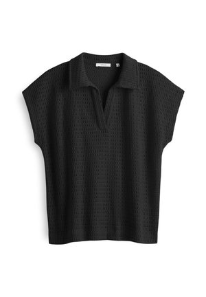 Zwart polo-achtig topje met een gestructureerd breipatroon, korte mouwen en een diepe V-hals voor een ontspannen pasvorm.