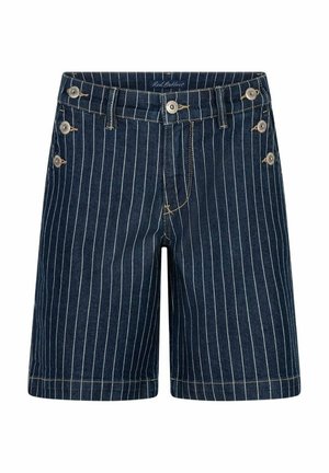 Marineblauwe denim shorts met witte verticale krijtstrepen, zes zilveren knopen aan de zijkanten, en een knoop aan de voorkant met riemlussen.