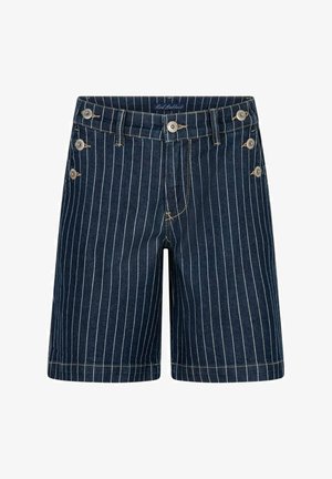 Marineblauwe denim shorts met witte verticale krijtstrepen, zes zilveren knopen aan de zijkanten, en een knoop aan de voorkant met riemlussen.