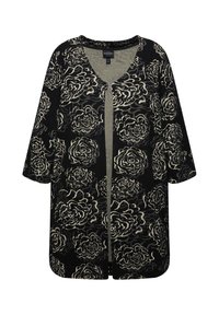 Mustat neuletakki, jossa on kerma-valkoinen ruusukuosi, avoin etuosa, lyhyet hihat ja teksturoitu kangas; rento malli, jossa on pyöristetty helma.