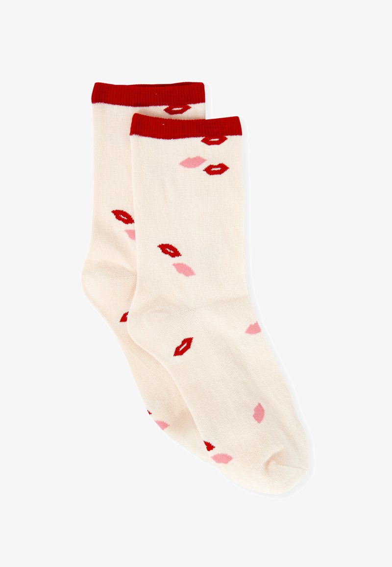 Kniestrümpfe in Creme mit rotem Band. Verziert mit roten und pinken Kussmuster. Hergestellt aus weichem, dehnbarem Material für Komfort.