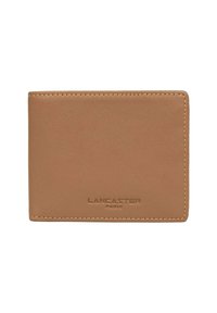 Tasche aus hellbraunem Leder mit glatter Oberfläche, minimalistischer Gestaltung und geprägtem "LANCASTER PARIS"-Logo am unteren Rand.