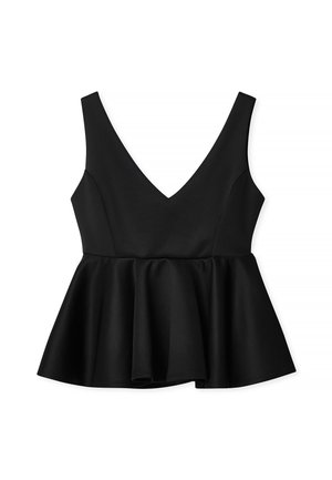 Top peplum noir avec un décolleté en V profond. Fabriqué en tissu lisse, il présente un bodice ajusté et un ourlet évasé pour une silhouette structurée.