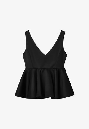 Black peplum top with a deep V-neckline. Made from smooth fabric, featuring a fitted bodice and flared hem for a structured silhouette.