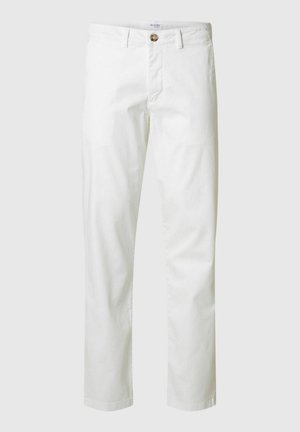 White cotton trousers with a straight cut, front pockets, and a button closure. Features a smooth texture and structured design.