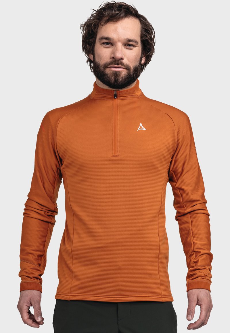 Orangenfarbener Pullover mit langen Ärmeln und einem Viertel-Reißverschluss am Halsausschnitt, strukturierter Stoff und ein kleines Logo auf der Brust. Mit enganliegenden Bündchen.