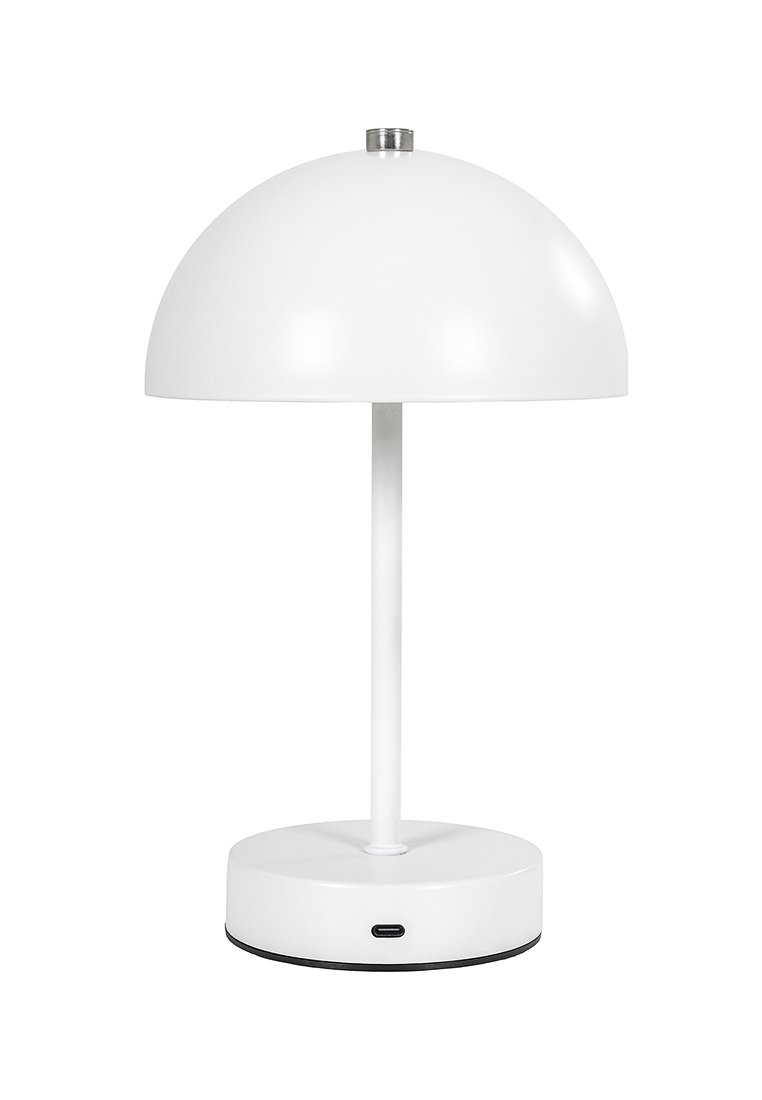 Biała lampa stołowa z kulistym kloszem i smukłym trzonem, z portem USB-C na podstawie. Gładka tekstura i minimalistyczny design.