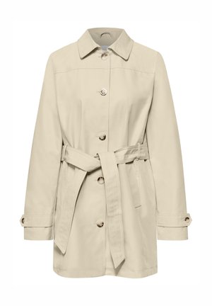 Trench-coat beige mi-longueur aux genoux avec manches longues, boutons sur le devant, ceinture à la taille et col, présenté sur un fond blanc.
