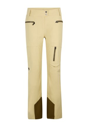 Beige Outdoor-Hosen mit schlanker Passform, ausgestattet mit Reißverschluss-Taschen, einer glatten Textur und braunen Akzentpanelen an den Knöcheln. Zwei-Knopf-Bund.