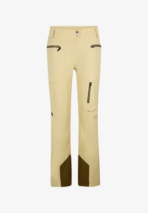 Beige Outdoor-Hosen mit schlanker Passform, ausgestattet mit Reißverschluss-Taschen, einer glatten Textur und braunen Akzentpanelen an den Knöcheln. Zwei-Knopf-Bund.