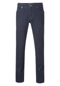 Pantalones de mezclilla azul oscuro con diseño de pierna recta, cinco bolsillos y costuras en contraste a lo largo de las costuras. Acentos de hardware mínimos.