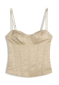 Beige corset top with leopard print, featuring thin adjustable straps, a structured design, and vertical stitching for shape.