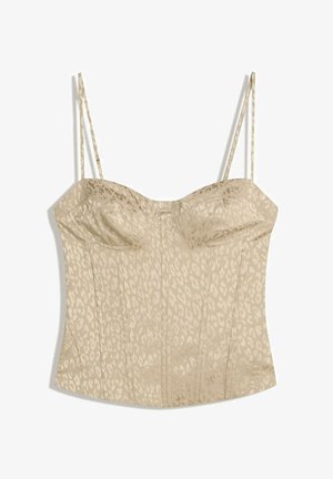 Top corset beige avec imprimé léopard, présentant des bretelles fines et réglables, un design structuré et des coutures verticales pour la forme.