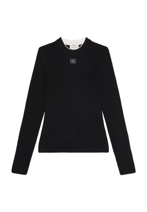 Pull noir à manches longues en maille côtelée, col rond et petit écusson logo carré centré près du col.