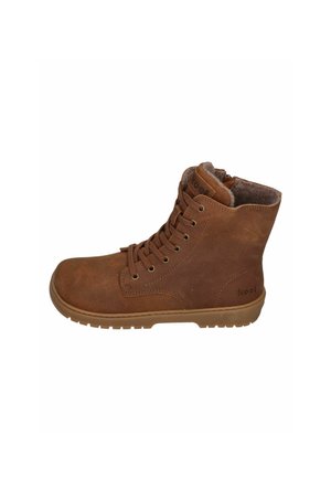 Brown leather ankle boot with lace-up front, soft inner lining, rubber sole, and brand logo embossed near the heel on a white background.