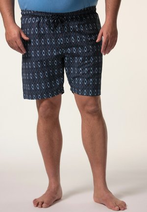 Shorts de bain bleu marine avec un motif en losanges, dotés d'une taille élastique et d'un cordon de serrage. Matériau léger, coupe aux genoux.