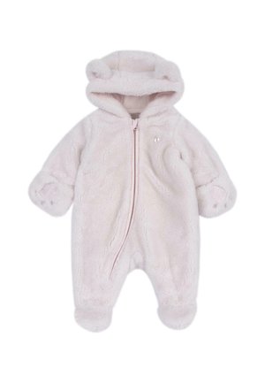 Pyjama en polaire douce rose pâle pour bébé avec capuche, oreilles d’ours, empreintes de pattes sur les manches, fermeture éclair devant et pieds couverts.