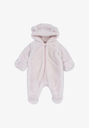 Pyjama en polaire douce rose pâle pour bébé avec capuche, oreilles d’ours, empreintes de pattes sur les manches, fermeture éclair devant et pieds couverts.