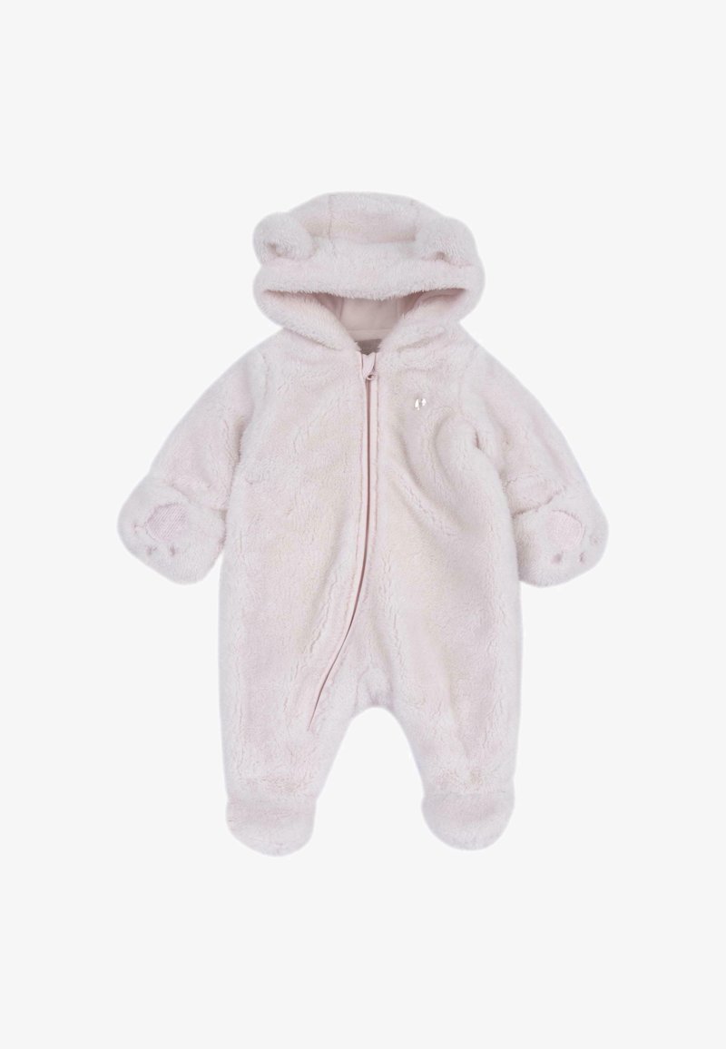 Pyjama en polaire douce rose pâle pour bébé avec capuche, oreilles d’ours, empreintes de pattes sur les manches, fermeture éclair devant et pieds couverts.