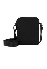Borsa a tracolla nera in canvas con forma rettangolare, chiusura con zip, tracolla regolabile e superficie liscia. Design semplice senza decorazioni extra.