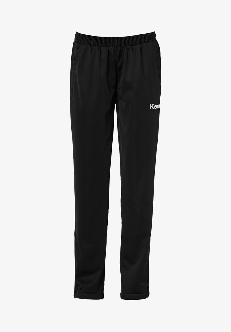 Zwarte sportbroek van soepel, lichtgewicht stof, met een elastische tailleband en een klein wit logo aan de linkerkant.
