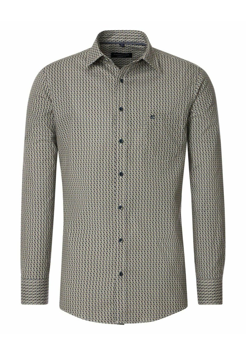Button-up long-sleeve shirt in beige with a geometric blue and black pattern. Features a classic collar, chest pocket, and dark buttons.