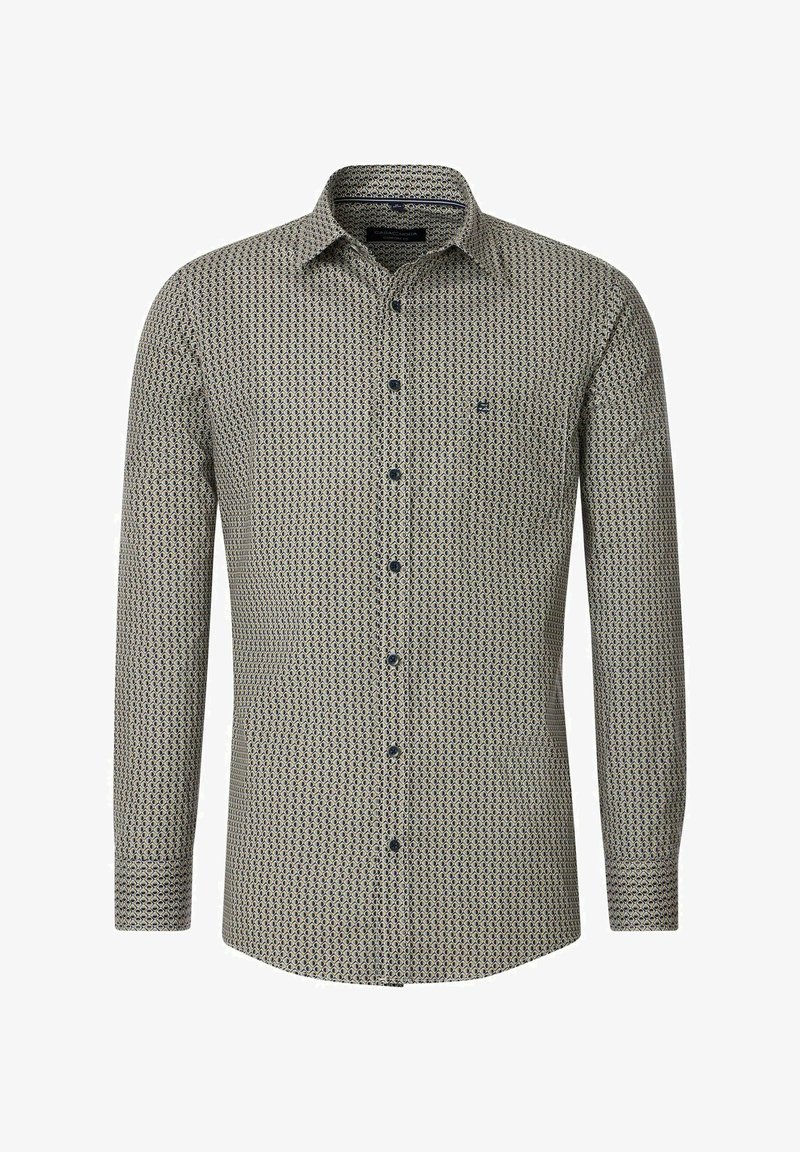 Button-up long-sleeve shirt in beige with a geometric blue and black pattern. Features a classic collar, chest pocket, and dark buttons.