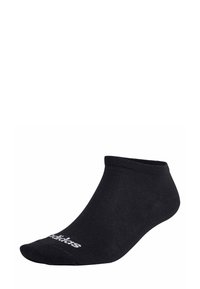 Calzini neri alla caviglia caratterizzati da un bordo a coste e una texture liscia, con un logo bianco del marchio sul lato superiore.