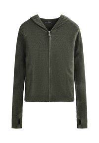 Ciemnozielona prążkowana bluza z kapturem na zamek, z długimi rękawami i otworami na kciuki na mankietach, wykonana z miękkiego materiału.