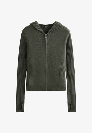 Dark green ribbed knit zip-up hoodie with long sleeves and thumb holes on cuffs, made of soft fabric.