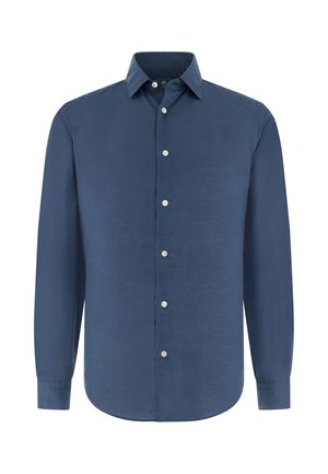 Chemise bleu marine à manches longues, boutonnée avec col et boutons blancs sur le devant.