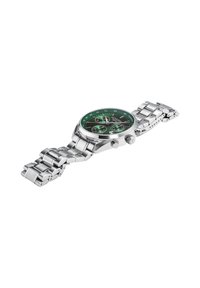 Orologio in acciaio inossidabile argentato con quadrante rotondo verde, tre sottoquarti e una lunetta coordinata. Caratterizzato da un bracciale a maglia con accentuazioni lucide.