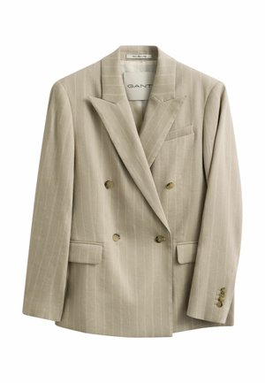 Beige dubbelgeknoopt pinstripe colbert met inkepingrevers, vier knopen aan de voorkant, klepzakken en een borstzak, met het label GANT.