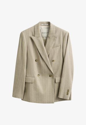 Beige dubbelgeknoopt pinstripe colbert met inkepingrevers, vier knopen aan de voorkant, klepzakken en een borstzak, met het label GANT.