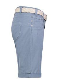 Light blue shorts with a textured, woven cream belt. Features include back and side pockets, folded hems, and metal button accents.