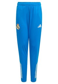 Blaue Sporthose aus leichtem Material. Mit weißen Adidas-Streifen und dem Real Madrid-Logo auf dem linken Oberschenkel. Elastischer Bund.