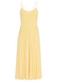 Gul ärmlös maxiklänning med en figursydd livstycke och veckad, flödande kjol. Tillverkad av lättviktig tyg; axelremmarna har justerbara detaljer.