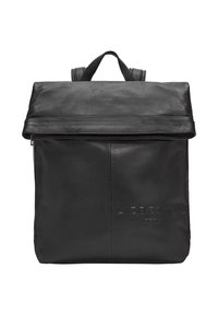 Zaino in pelle nera con apertura a sportello, chiusura con zip, logo impresso sulla parte frontale e doppie cinghie per il trasporto.