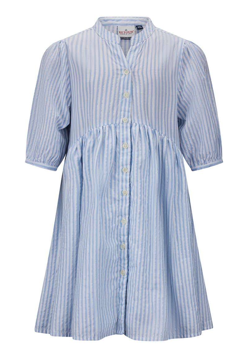 Hellblaues, kurzärmliges Kleid aus gestreiftem Baumwollstoff mit durchgehender Knopfblende und gerafftem Bund für eine legere Silhouette.