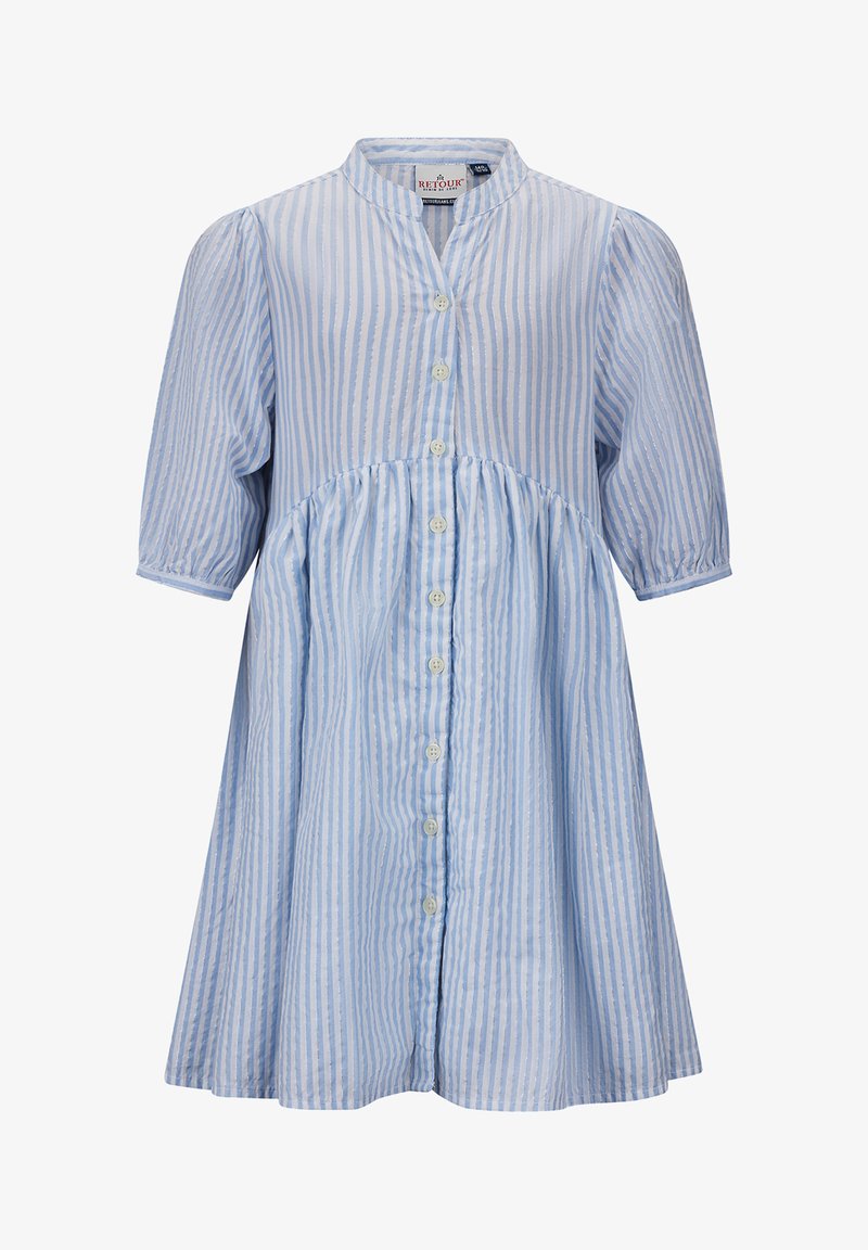 Hellblaues, kurzärmliges Kleid aus gestreiftem Baumwollstoff mit durchgehender Knopfblende und gerafftem Bund für eine legere Silhouette.