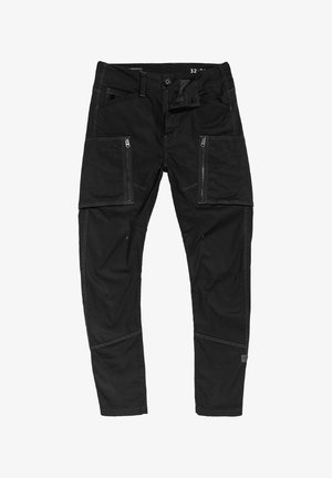 Pantaloni cargo negri dintr-un material durabil, cu multiple buzunare cu fermoar, cusături contrastante și un design cu picior tapered.